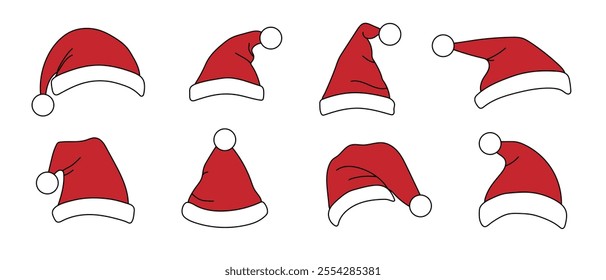 Set of Santa Claus hats. New Year hats. Vector.