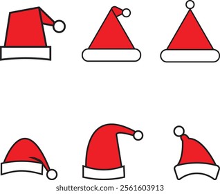 Set of Santa Claus hats. New Year hats. Christmas collection. Santa Claus hats isolated on a transparent or white background, vector illustration.
