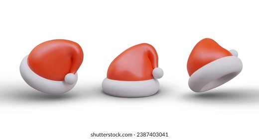 Set of Santa Claus hats on white background. View directly, from above and below. Christmas colored illustrations. Isolated red winter hats. Carnival, festive accessory