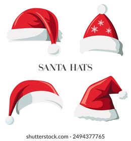 Set of Santa Claus hats. Realistic santa claus hat colllection, holiday cap to xmas illustration. New Year hats. 