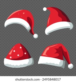 Set of Santa Claus hats. Realistic santa claus hat colllection, holiday cap to xmas illustration. New Year hats.