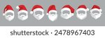 Set of Santa Claus hats. Red Santa hats with beard and mustache. Vector.