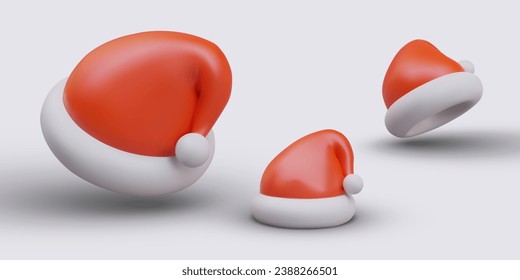 Set of Santa Claus hats. Red winter hats. Christmas accessories for costume party. Vector elements for December, January web design. Object in different positions