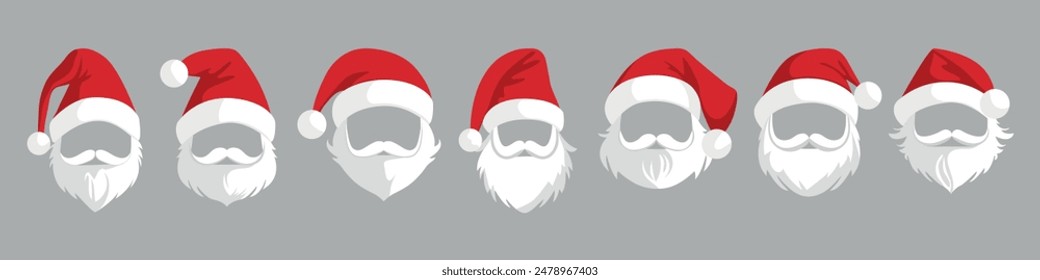 Set of Santa Claus hats. Red Santa hats with beard and mustache. Vector.