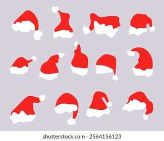 set of santa claus hats.vector illustration.Red hats of Santa Claus on a gray background