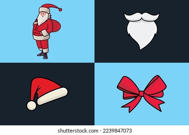 Set of Santa Claus head hat, Santa Claus, Santa Claus beard and moustache and gift ribbon vector illustration. Christmas holiday objects icon concept. Christmas decoration, Christmas festive icons.	