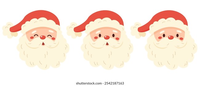 Conjunto de cabezas de Santa Claus con diferentes emociones. Navidades y tema del Año Nuevo. Personaje de dibujos animados kawaii sobre fondo blanco. Ilustración vectorial.