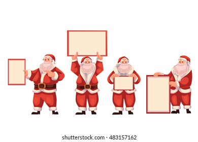 Set of Santa Claus holding a blank board and pointing to it, cartoon style vector illustrations isolated on white background. Santa Claus showing, pointing and rising empty board, Christmas decoration