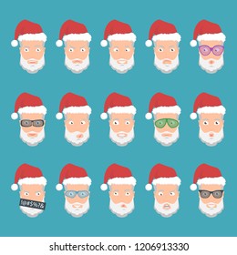 Set of santa claus icons with different expressions of emotions. Santa Claus Emoji, face of santa claus with different expressions of emotions. Vector illustration.