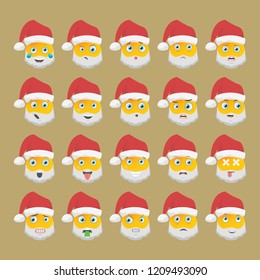 Set of santa claus icons with different expressions of emotions. Santa Claus Emoji, face of santa claus with different expressions of emotions. Vector illustration.