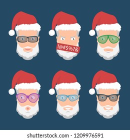 Set of santa claus icons with different expressions of emotions. Santa Claus Emoji, face of santa claus with different expressions of emotions. Vector illustration.