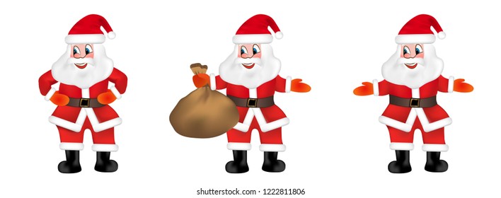 Set Santa Claus keeps a bag full of gifts isolated on white background. Vector Illustration.