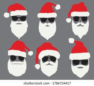 Set of Santa Claus masks. Collection of holiday faces with beard, sunglasses and Christmas red hat. Festive element. Party photo props. Colorful illustration for postcards.