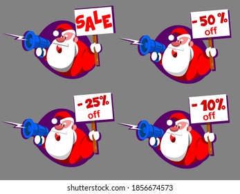 Set of Santa Claus with a megaphone. Template New Year's sales discounts. Stoke vector illustration. 