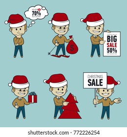 Set of Santa Claus men. Christmas sale. Big sale 50. Santa on skis. Santa with bag,Christmas tree, gifts and sale poster. Collection of Santa Claus. Character in different poses.