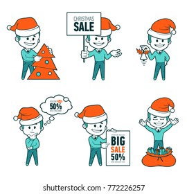 Set of Santa Claus men. Christmas sale. Big sale 50. Holiday discount. Collection of Santa Claus. Character in different poses. Santa with gifts, Christmas tree, bag, bell