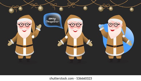 Set Santa Claus. Merry Christmas and Happy New Year decoration. Vector illustration isolated. Cartoon character of modern man glasses hipster. Gold color of clothing. Black background.