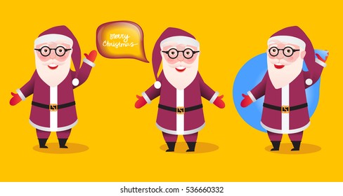 Set Santa Claus. Merry Christmas and Happy New Year decoration. Vector illustration isolated. Cartoon character of modern man glasses hipster. Purple color of clothing. Yellow background. 