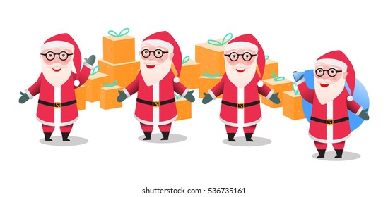 Set Santa Claus. Merry Christmas and Happy New Year decoration. Vector illustration isolated. Cartoon character of modern man glasses hipster. Red color of clothing. White background. 