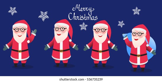 Set Santa Claus. Merry Christmas and Happy New Year decoration. Vector illustration isolated. Cartoon character of modern man glasses hipster. Red color of clothing. Blue dark background. 
