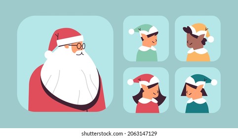 set santa claus with mix race elves avatars happy new year merry christmas holidays celebration concept