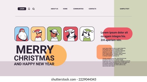 set santa claus with mix race elves avatars happy new year merry christmas holidays celebration concept