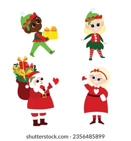 Set of Santa Claus, Mrs. Santa Claus, elves  in cartoon style isolated on white background. Cute and positive Christmas characters.
