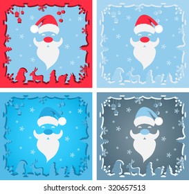 A set of Santa Claus on a blue background. Vector illustration.