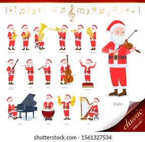 A set of Santa Claus on classical music performances.There are actions to play various instruments such as string instruments and wind instruments.It's vector art so it's easy to edit.
