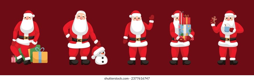 Set of Santa Claus on red background