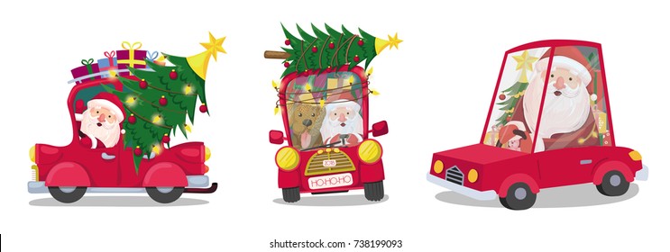 set of santa claus on a red car carries gifts and a Christmas tree. Merry christmas and a happy new year. vector