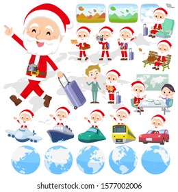 A set of Santa Claus on travel.There are also vehicles such as boats and airplanes.It's vector art so it's easy to edit.
