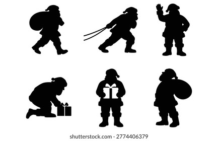 Set of santa claus poses including carrying sack and gifts in black vector silhouettes for merry christmas graphics.
