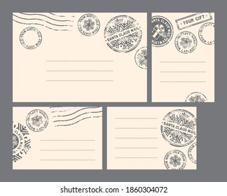 set of Santa Claus postcards: 
four letterheads with gray erased seals and a text field, vector