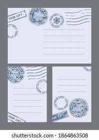 set of Santa Claus postcards: 
three letterheads with blue erased seals and a text field, vector