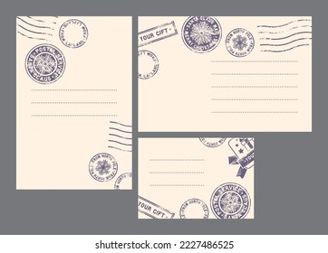 set of Santa Claus postcards: 
three letterheads with purple erased seals and a text field, vector