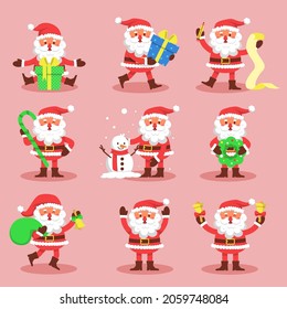 Set of Santa Claus with present and snow on pink background for Christmas and new year card,  cartoon character, vector illustration