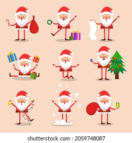 Set of Santa Claus with present and snow on orange background for Christmas and new year card,  cartoon character, vector illustration