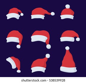 Set of Santa Claus red hat in cartoon flat style. Santa Claus red hat isolated on background. New Year 2017