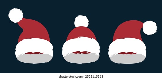 Set of Santa Claus red hats. Christmas vector elements for design.