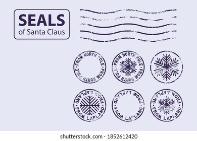 set of Santa Claus seals: six small round blue stamps and one wavy postmark 