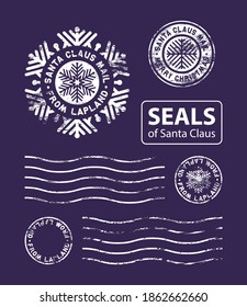 set of Santa Claus seals: six white stamps 
of different shapes on blue background