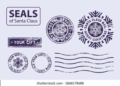 set of Santa Claus seals: six blue stamps of different shapes