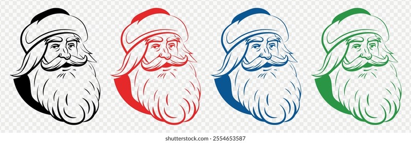 Set of Santa Claus silhouettes. Vintage Santa Claus heads. Symbol of New Year and Christmas. Vector flat illustration on transparent background