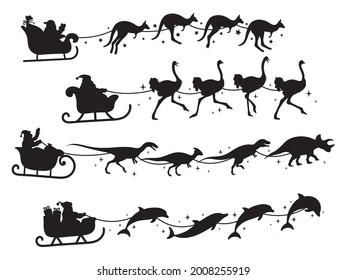 Set of Santa Claus with sleds. Collection of Christmas giveaways drawn by dolphin, kangaroo, dinosaurs. Happy New Year. Vector illustration for holiday cards.