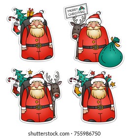 Set of Santa Claus stickers. Santa Claus with reindeer, packbag, Christmas tree and gifts. Holiday illustration for Christmas . Funny Santa Clause vector character. Isolated on white background