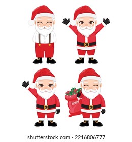 Set of Santa Claus Vector isolated on white background. Cute Santa Cartoon Character with gift, bag with presents, waving and greeting, Casual Santa. For Christmas cards, banners, tags and labels.