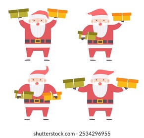 Set of santa claus wear eye glasses with christmas presents . Cartoon character . Flat design . Vector .