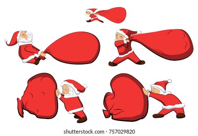 set santa claus is wearing a huge bag with gifts. Merry Christmas vector illustration. Happy new year.