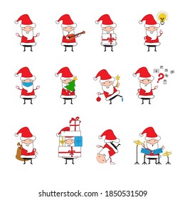 Set of Santa Claus which. They play musical instruments, hold a gift, an idea. - Vector illustration